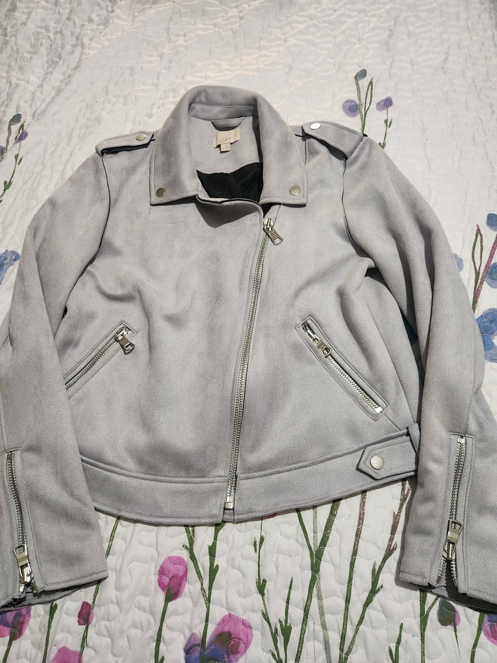 LOFT Light Gray Suede-Look Moto Jacket